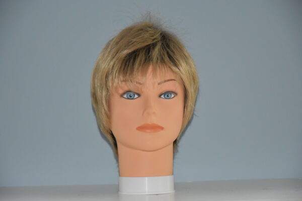 short blonde synthetic wig on mannequin head