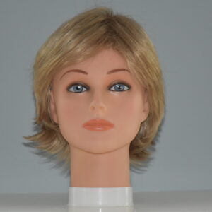 short blonde synthetic wig on mannequin head