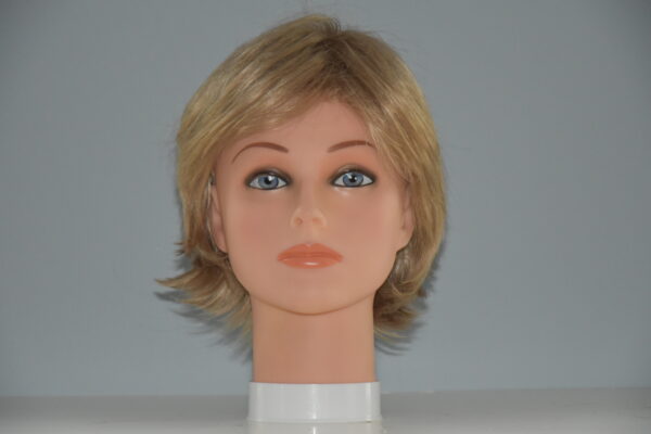 short blonde synthetic wig on mannequin head