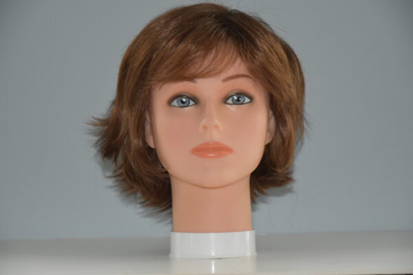 short brown synthetic wig on mannequin head