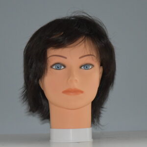 short black synthetic wig on mannequin head