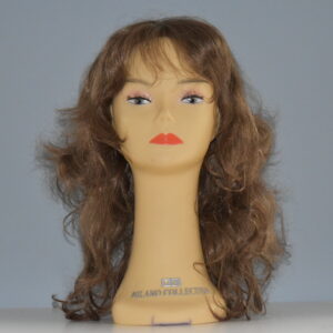 long brown synthetic wig on mannequin head