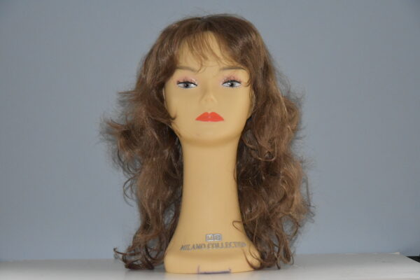 long brown synthetic wig on mannequin head