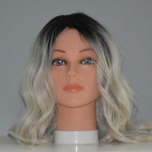 medium length gray synthetic wig on mannequin head