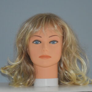 long blonde synthetic wig on mannequin head