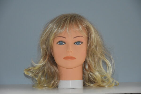 long blonde synthetic wig on mannequin head