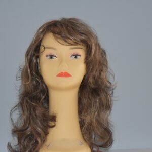 long brown synthetic wig on mannequin head