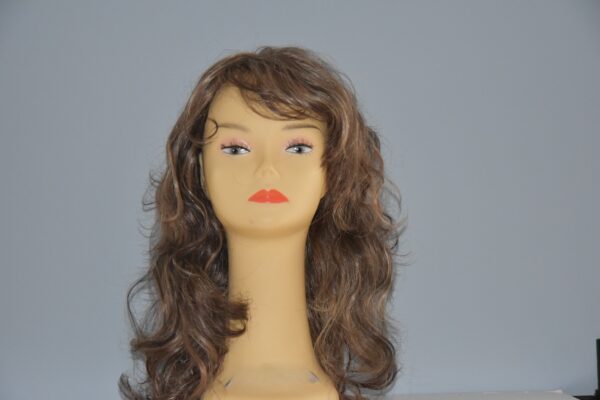 long brown synthetic wig on mannequin head