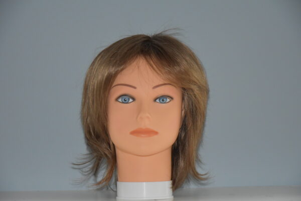 short brown synthetic wig on mannequin head