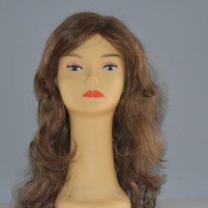 long brown synthetic wig on mannequin head
