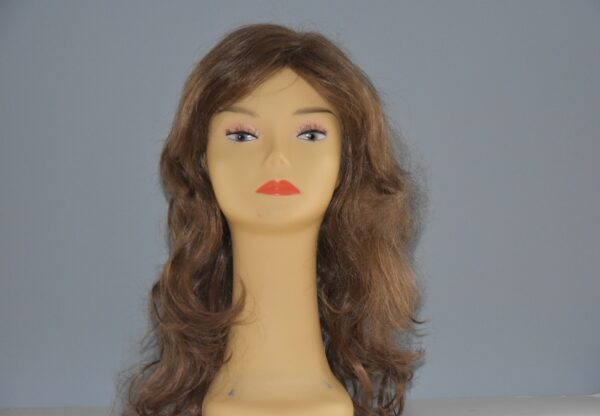long brown synthetic wig on mannequin head