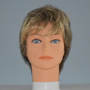 short blonde synthetic wig on mannequin head