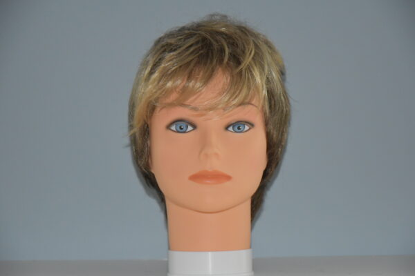 short blonde synthetic wig on mannequin head