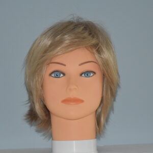 short blonde synthetic wig on mannequin head