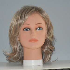long blonde synthetic wig on mannequin head