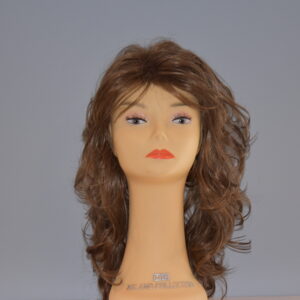 long brown synthetic wig on mannequin head