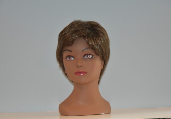 short brown synthetic wig on mannequin head