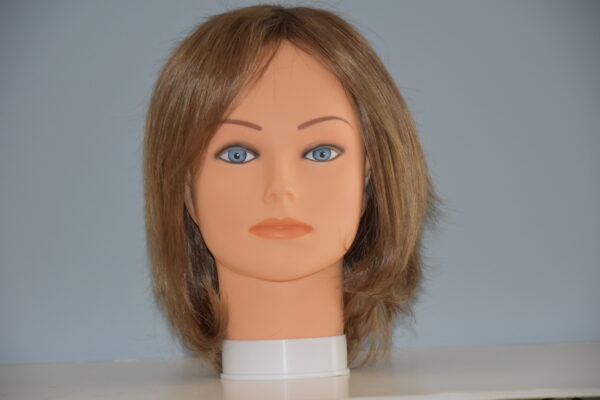 short brown synthetic wig on mannequin head