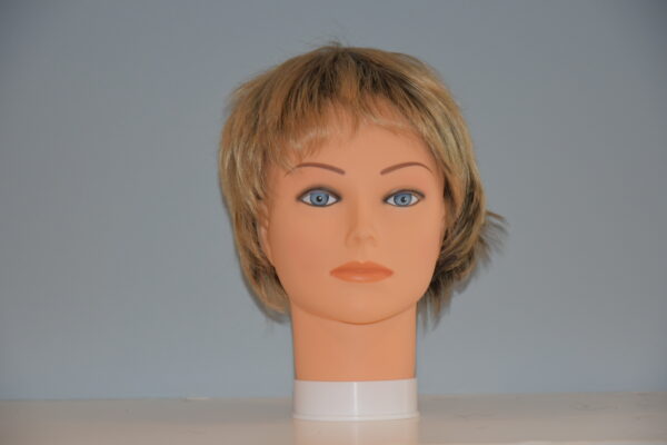 short blonde synthetic wig on mannequin head