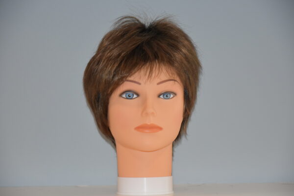 short brown synthetic wig on mannequin head