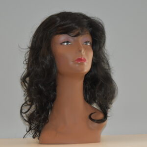 long black synthetic wig on mannequin head