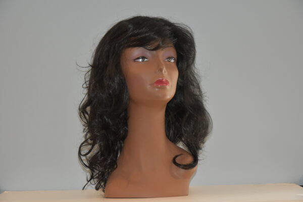 long black synthetic wig on mannequin head