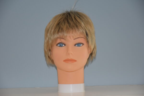 short blonde synthetic wig on mannequin head