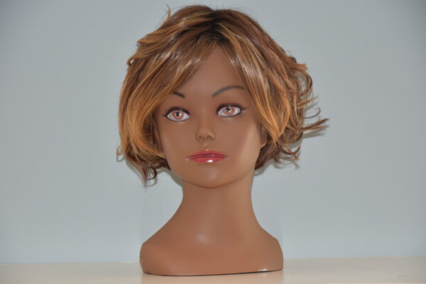 short brown synthetic wig on mannequin head