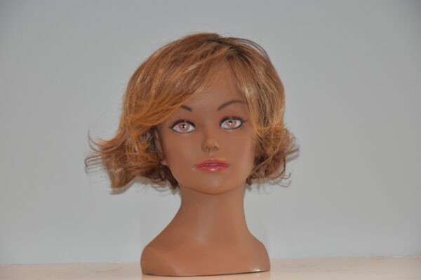 short brown synthetic wig on mannequin head