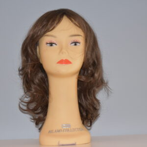 long brown synthetic wig on mannequin head