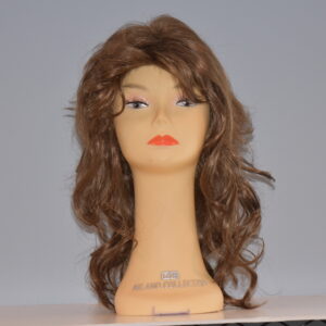 long brown synthetic wig on mannequin head