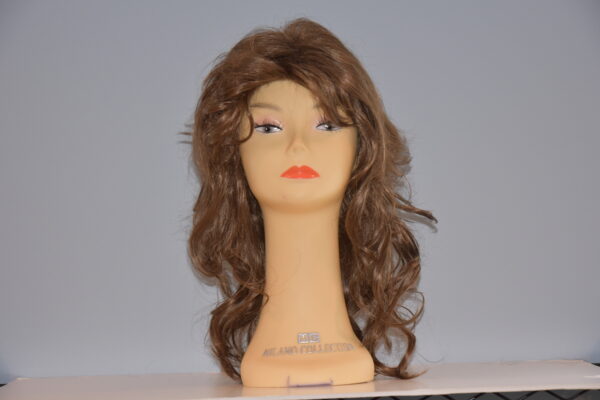 long brown synthetic wig on mannequin head