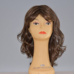long brown synthetic wig on mannequin head