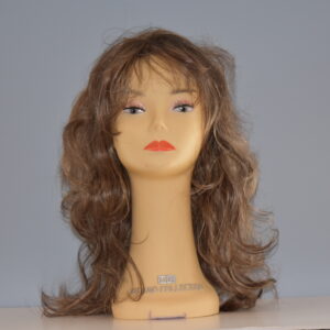long brown synthetic wig on mannequin head