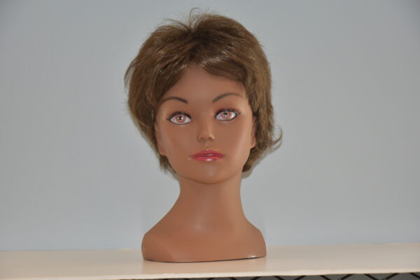 short brown synthetic wig on mannequin head