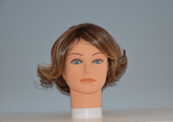 short brown synthetic wig on mannequin head