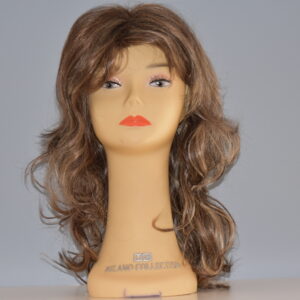 long brown synthetic wig on mannequin head