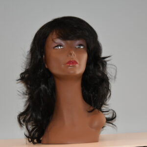 long black synthetic wig on mannequin head
