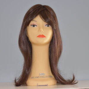 long brown synthetic wig on mannequin head
