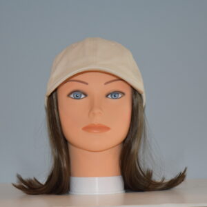 medium length brown hair attached to hat