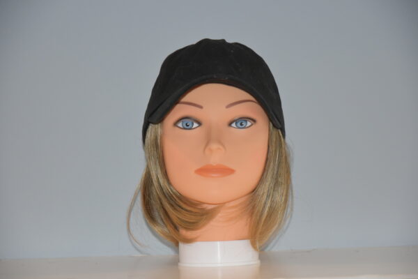 short blonde with attached to hat