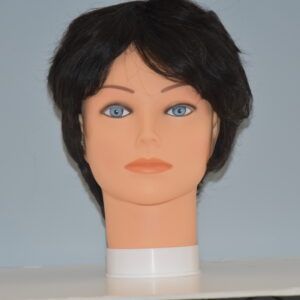 short black synthetic wig on mannequin head