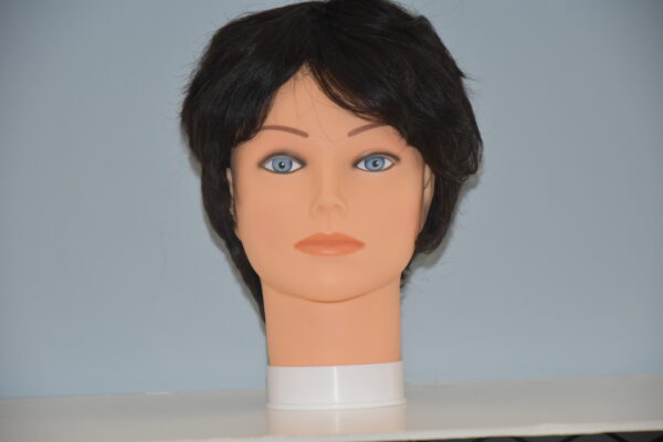 short black synthetic wig on mannequin head