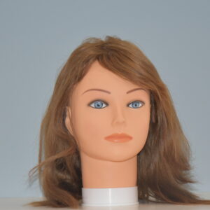 medium length brown human hair wig on mannequin head