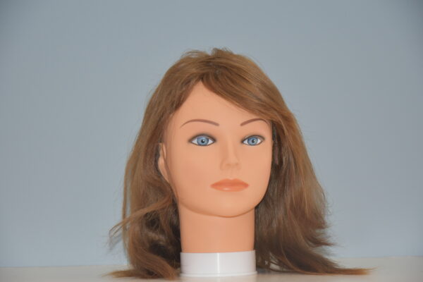 medium length brown human hair wig on mannequin head