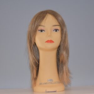 medium length blonde synthetic wig on mannequin head