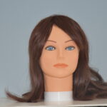 long brown synthetic wig on mannequin head