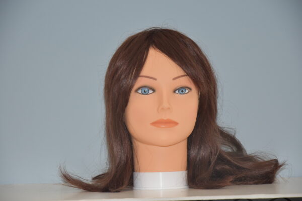 long brown synthetic wig on mannequin head