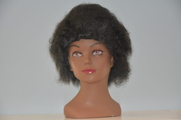 short black synthetic wig on mannequin head