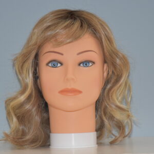 medium length blonde synthetic wig on mannequin head